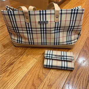 Burberry Tan and Black Checkered Tote and Wallet